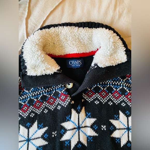 Chaps Boys Fair Isle 3/4 Button Sweater, Sherpa Lined Collar. - Picture 2 of 10